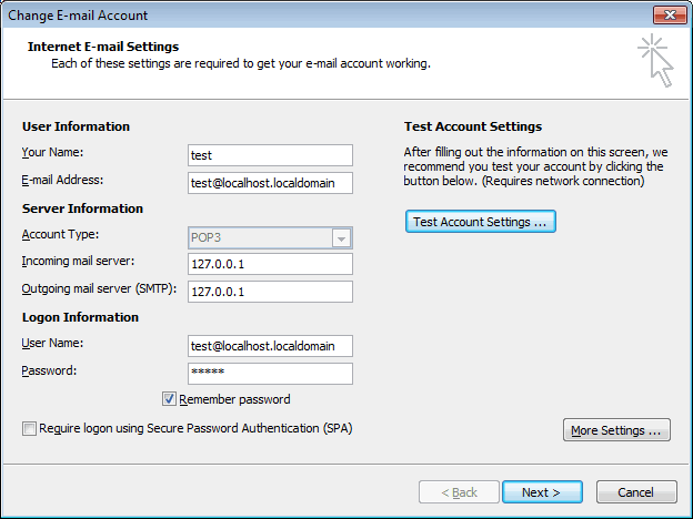 Microsoft Outlook account setting for connecting to local hMailServer at localhost.localdomain